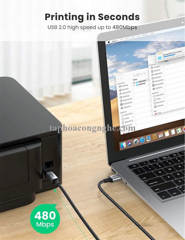 Ugreen 80804 3M đầu nhôm dây bọc lưới chống nhiễu cáp máy in màu Đen 2.0 USB A sang B US369 30080804